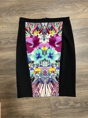 Floral Panel Black Pencil Skirt - Multicolor Comfort fit Nicole Medium zip back